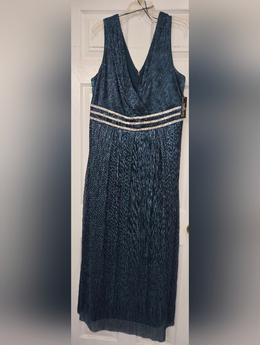 R&M Richards Teal Blue Shimmer Evening Gown with Beaded Waistband